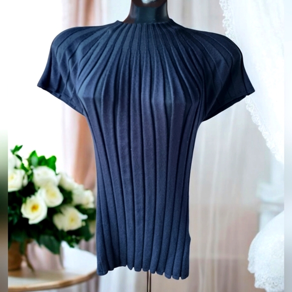 Cable & Gauge Black Stretchy Short Sleeve Ribbed Knit Sweater - Picture 1 of 6